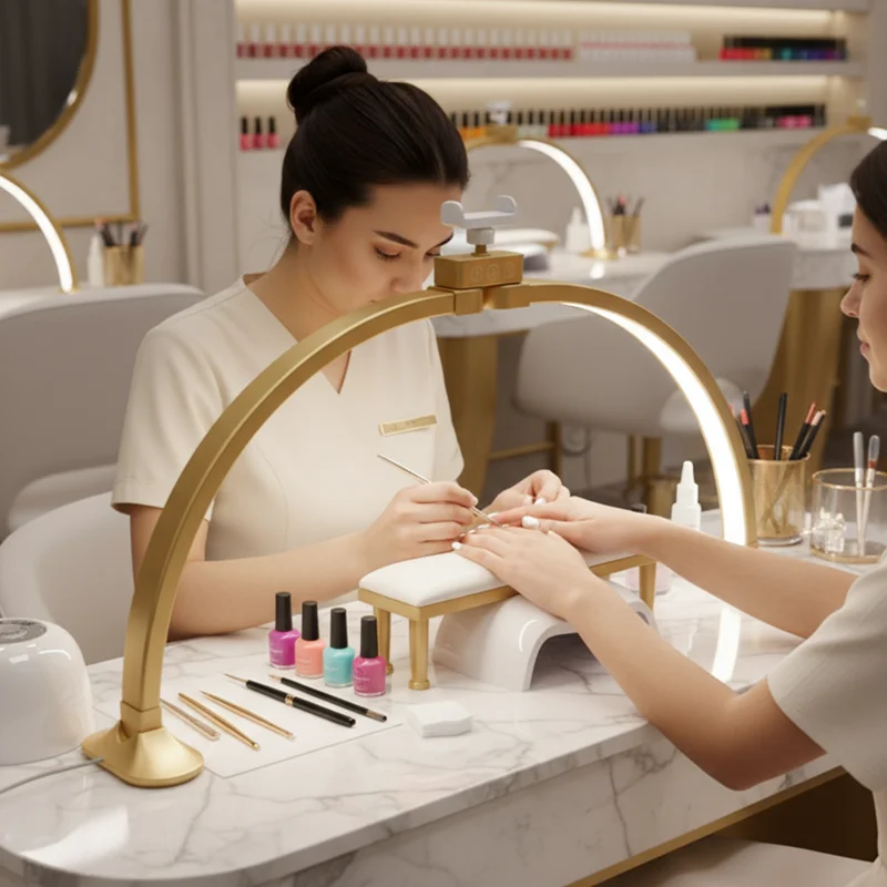 32inch Half Moon Light Gold for Nail Desk Fill Light Folded Arch Light for Nail Lamp with Phone Stand Manicure Handicraft Light
