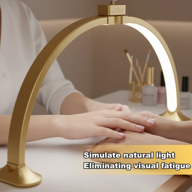 32inch Half Moon Light Gold for Nail Desk Fill Light Folded Arch Light for Nail Lamp with Phone Stand Manicure Handicraft Light