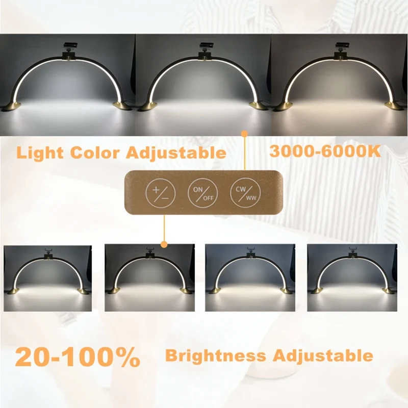 32inch Half Moon Light Gold for Nail Desk Fill Light Folded Arch Light for Nail Lamp with Phone Stand Manicure Handicraft Light