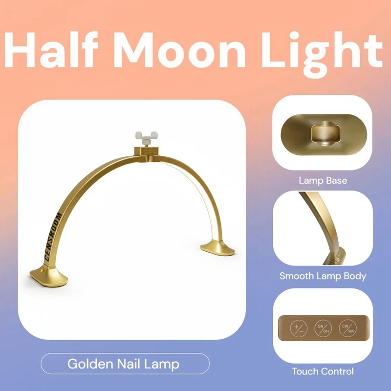 32inch Half Moon Light Gold for Nail Desk Fill Light Folded Arch Light for Nail Lamp with Phone Stand Manicure Handicraft Light
