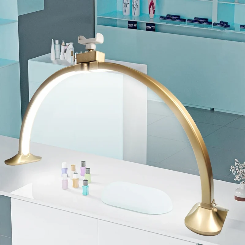 32inch Half Moon Light Gold for Nail Desk Fill Light Folded Arch Light for Nail Lamp with Phone Stand Manicure Handicraft Light