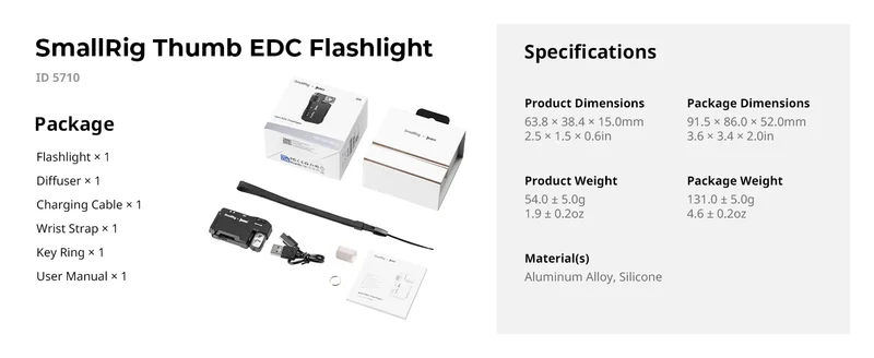 SmallRig Thumb EDC Flashlight Ultra-Compact 5-in-1 Flashlight with Rotatable Light Head Magnetic Base, Back Clip, 1/4"-20 Holes