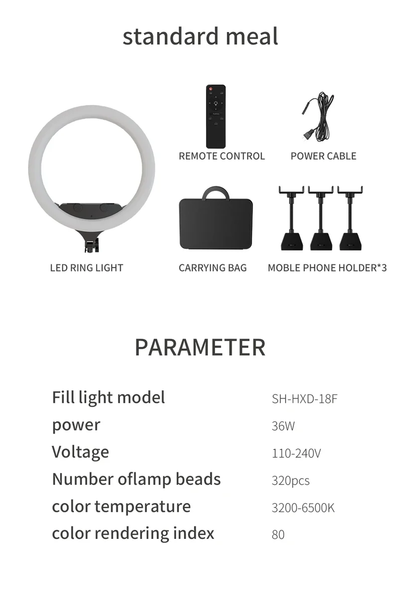 SH Ring Light 18inch Kit 36W 6500K Professional LED Control Stand Phone Holder Tube Bag for Tattoo Lash Extension Barber Light