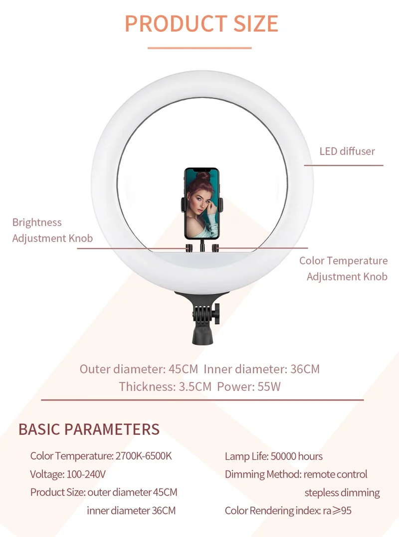 SH Ring Light 18inch Kit 36W 6500K Professional LED Control Stand Phone Holder Tube Bag for Tattoo Lash Extension Barber Light