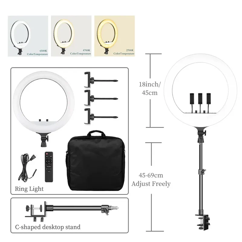 SH Ring Light 18inch Kit 36W 6500K Professional LED Control Stand Phone Holder Tube Bag for Tattoo Lash Extension Barber Light