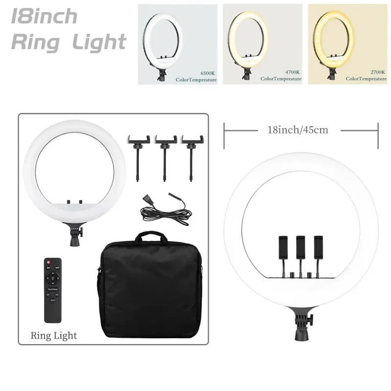 SH Ring Light 18inch Kit 36W 6500K Professional LED Control Stand Phone Holder Tube Bag for Tattoo Lash Extension Barber Light