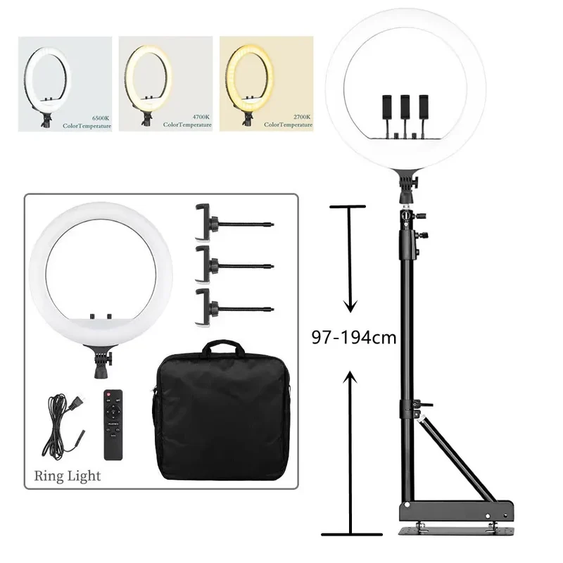 SH Ring Light 18inch Kit 36W 6500K Professional LED Control Stand Phone Holder Tube Bag for Tattoo Lash Extension Barber Light