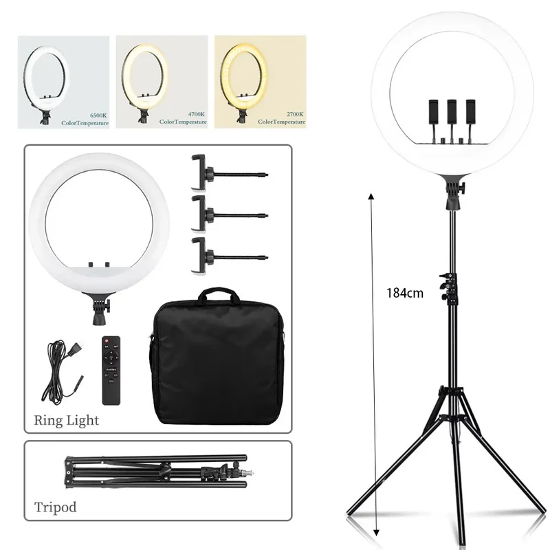 SH Ring Light 18inch Kit 36W 6500K Professional LED Control Stand Phone Holder Tube Bag for Tattoo Lash Extension Barber Light