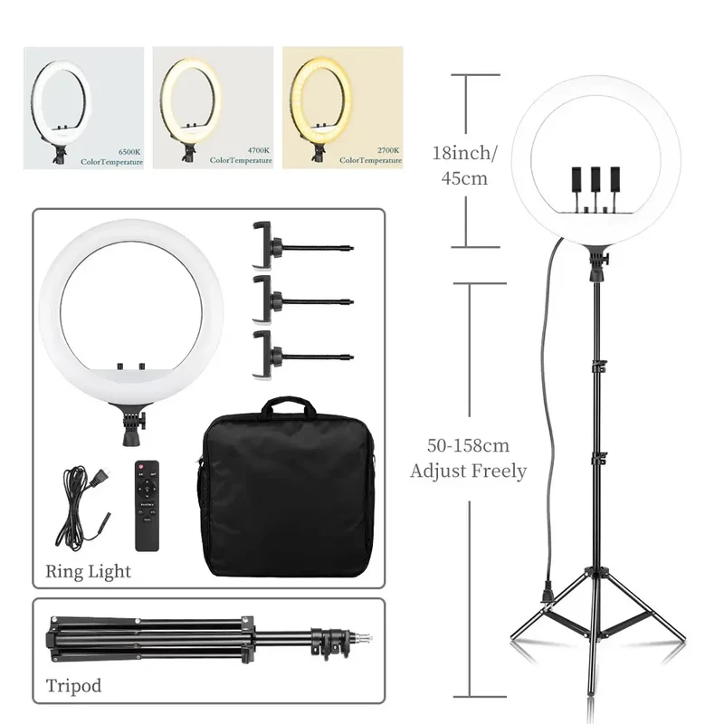 SH Ring Light 18inch Kit 36W 6500K Professional LED Control Stand Phone Holder Tube Bag for Tattoo Lash Extension Barber Light