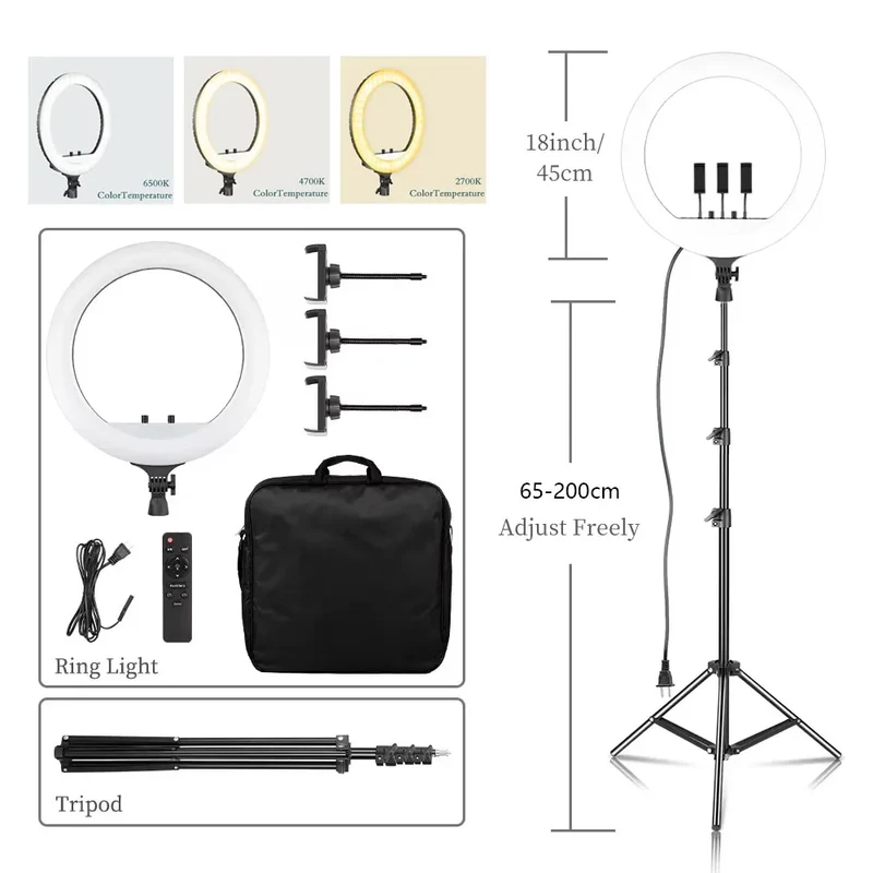 SH Ring Light 18inch Kit 36W 6500K Professional LED Control Stand Phone Holder Tube Bag for Tattoo Lash Extension Barber Light