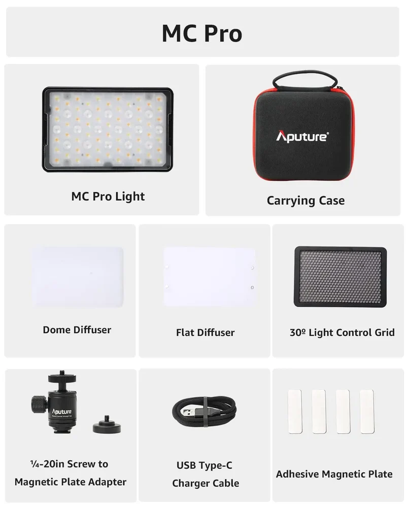 Aputure MC Pro RGBWW LED Light, 2000K-10000K Support Magnetic Attraction IP65 Protection 15 Built-in Light Effects App Control
