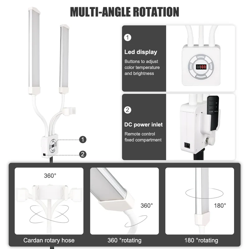 HDSNH LED Video Light 40W Double Arms Beauty Light with Phone Holders Adjustable Tripod Dimmable 3200-5600K for Makeup Manicure