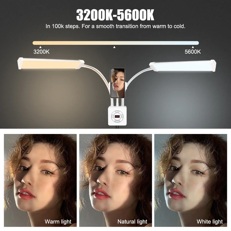 HDSNH LED Video Light 40W Double Arms Beauty Light with Phone Holders Adjustable Tripod Dimmable 3200-5600K for Makeup Manicure