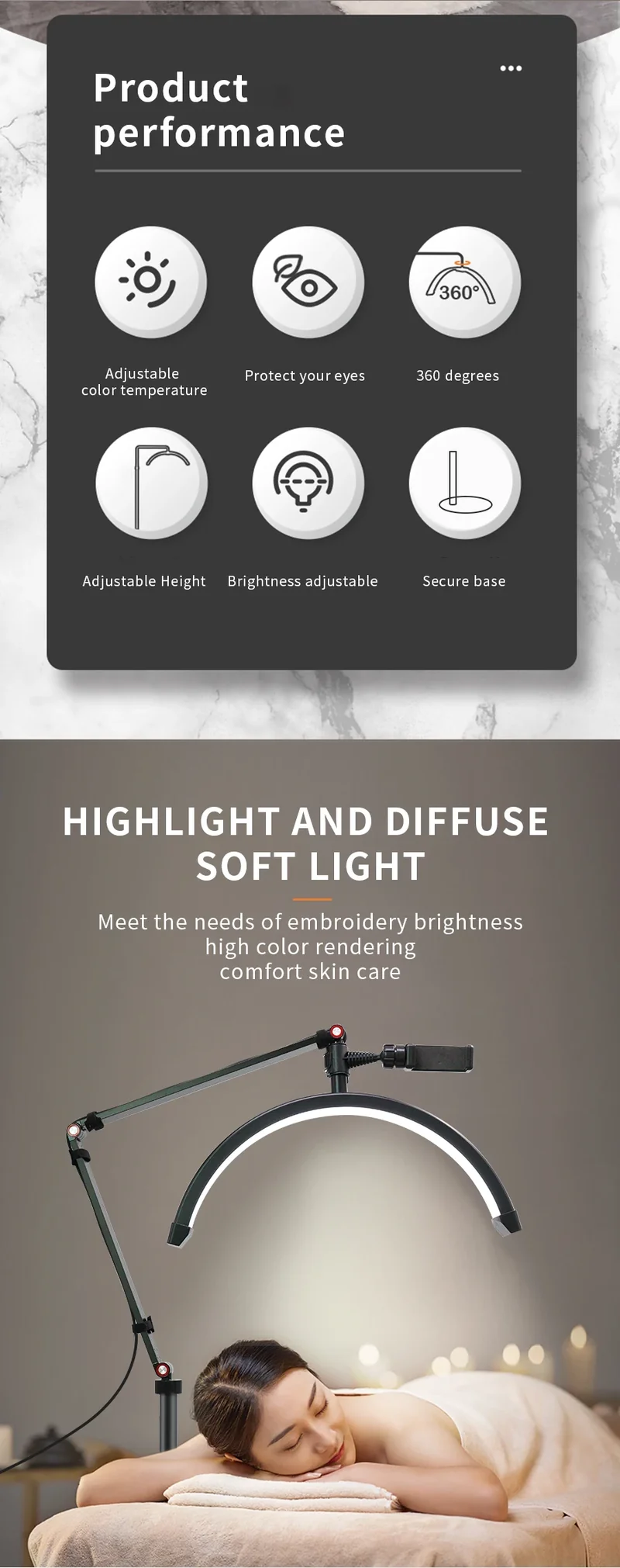 16 INCH LED Half Moon Lash Light Temperature 20W 3000K-6000K LED Ring Lamp for Beauty Facials Skincare Tattoo Eyebrows Filming
