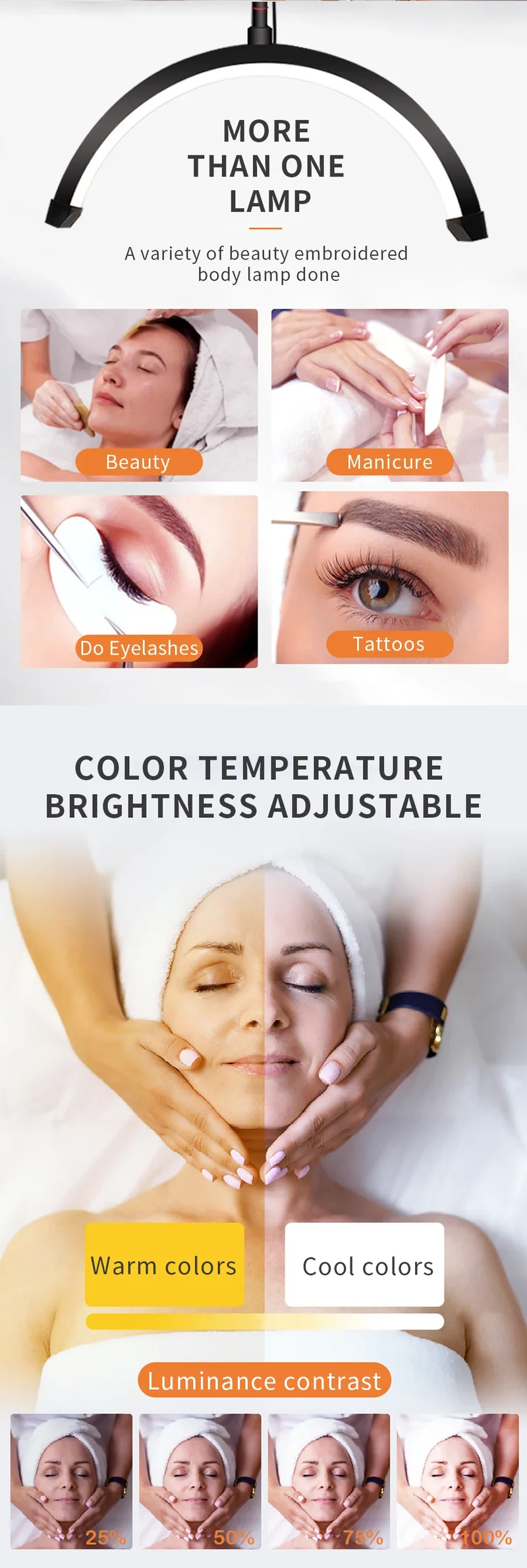 16 INCH LED Half Moon Lash Light Temperature 20W 3000K-6000K LED Ring Lamp for Beauty Facials Skincare Tattoo Eyebrows Filming
