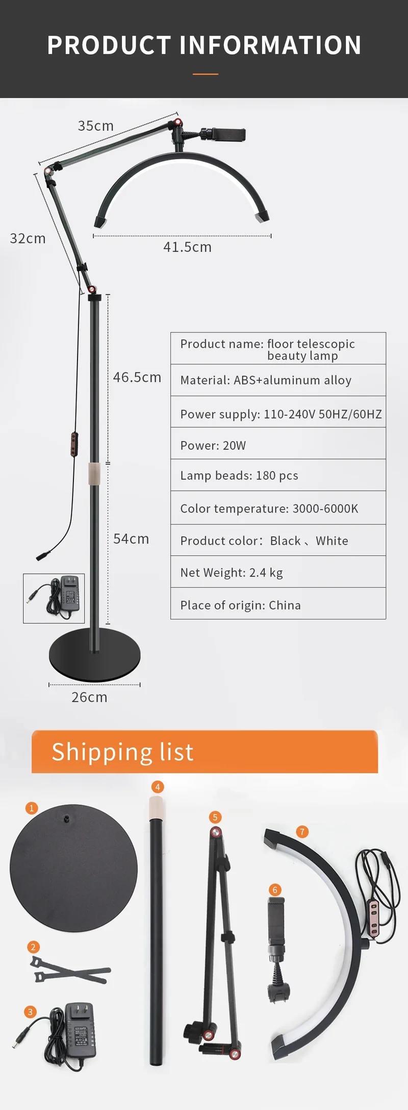 16 INCH LED Half Moon Lash Light Temperature 20W 3000K-6000K LED Ring Lamp for Beauty Facials Skincare Tattoo Eyebrows Filming