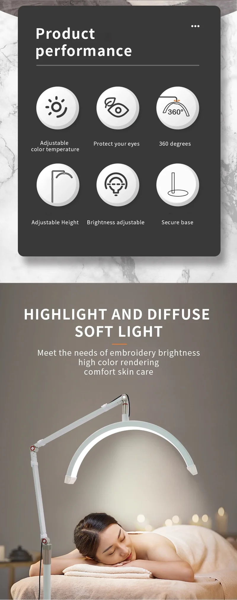 16 INCH LED Half Moon Lash Light Temperature 20W 3000K-6000K LED Ring Lamp for Beauty Facials Skincare Tattoo Eyebrows Filming