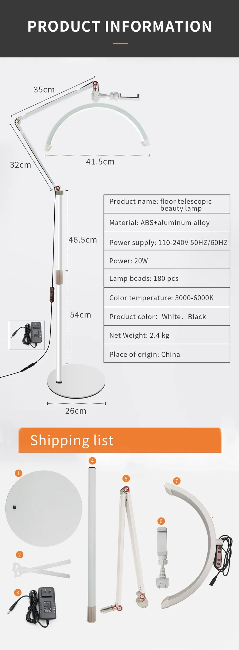 16 INCH LED Half Moon Lash Light Temperature 20W 3000K-6000K LED Ring Lamp for Beauty Facials Skincare Tattoo Eyebrows Filming
