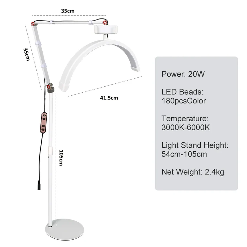 16 INCH LED Half Moon Lash Light Temperature 20W 3000K-6000K LED Ring Lamp for Beauty Facials Skincare Tattoo Eyebrows Filming