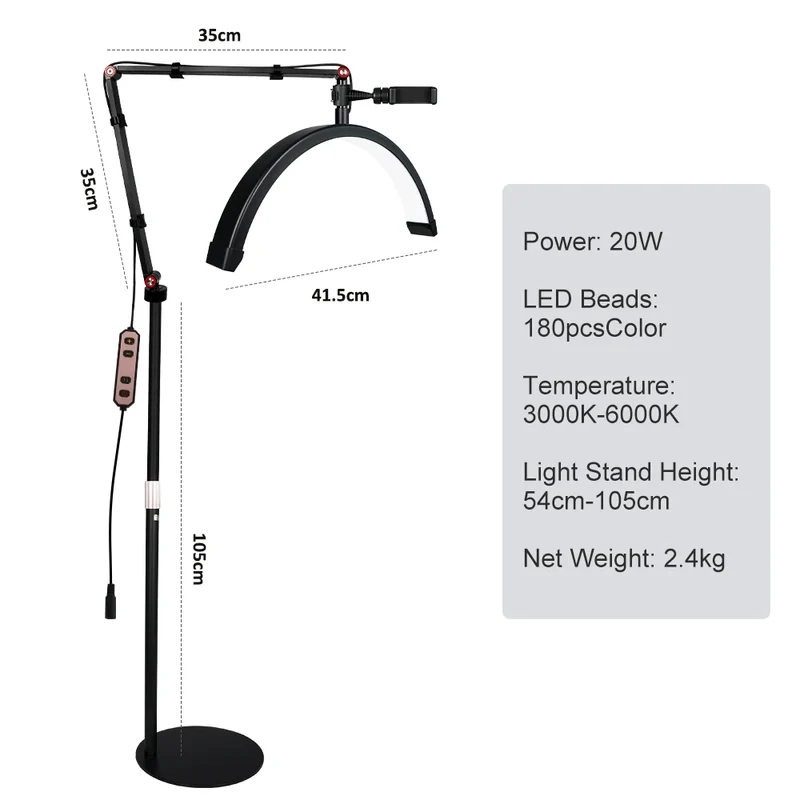 16 INCH LED Half Moon Lash Light Temperature 20W 3000K-6000K LED Ring Lamp for Beauty Facials Skincare Tattoo Eyebrows Filming