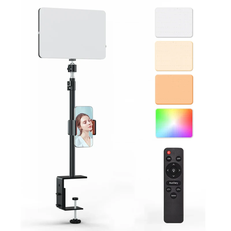 LED Desk Bi-Color Video Light RGB Streaming Key Light with Remote Control Dimmable Studio Light with Phone Holder Desk Stand