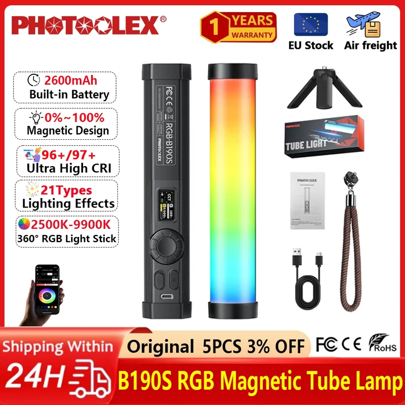 PHOTOOLEX RGB Video Light Handheld Magnetic Tube Light Design 2500K-9000K Photography Studio Lamp 12 Light Effects LED Tube