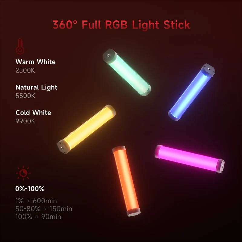 PHOTOOLEX RGB Video Light Handheld Magnetic Tube Light Design 2500K-9000K Photography Studio Lamp 12 Light Effects LED Tube