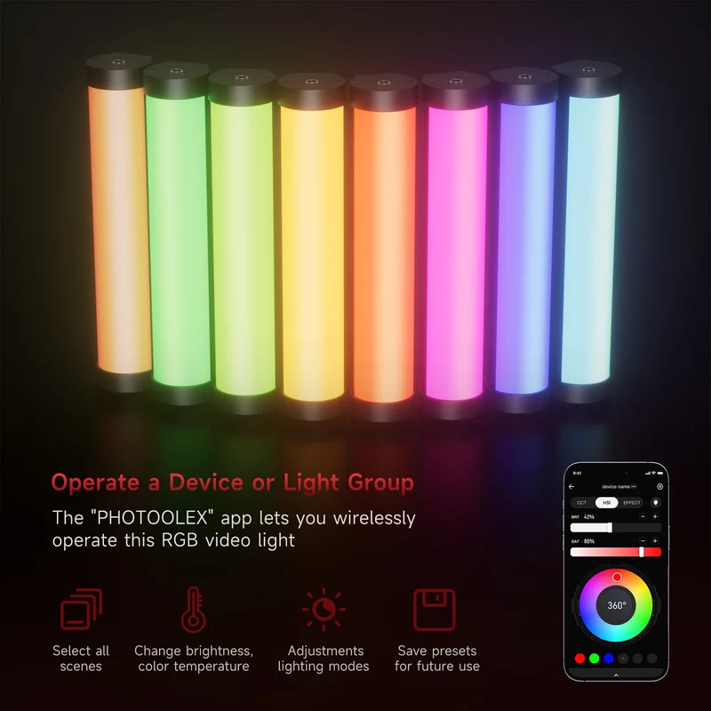 PHOTOOLEX RGB Video Light Handheld Magnetic Tube Light Design 2500K-9000K Photography Studio Lamp 12 Light Effects LED Tube