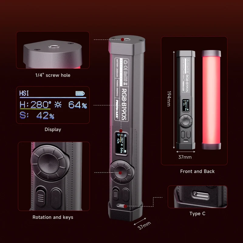 PHOTOOLEX RGB Video Light Handheld Magnetic Tube Light Design 2500K-9000K Photography Studio Lamp 12 Light Effects LED Tube