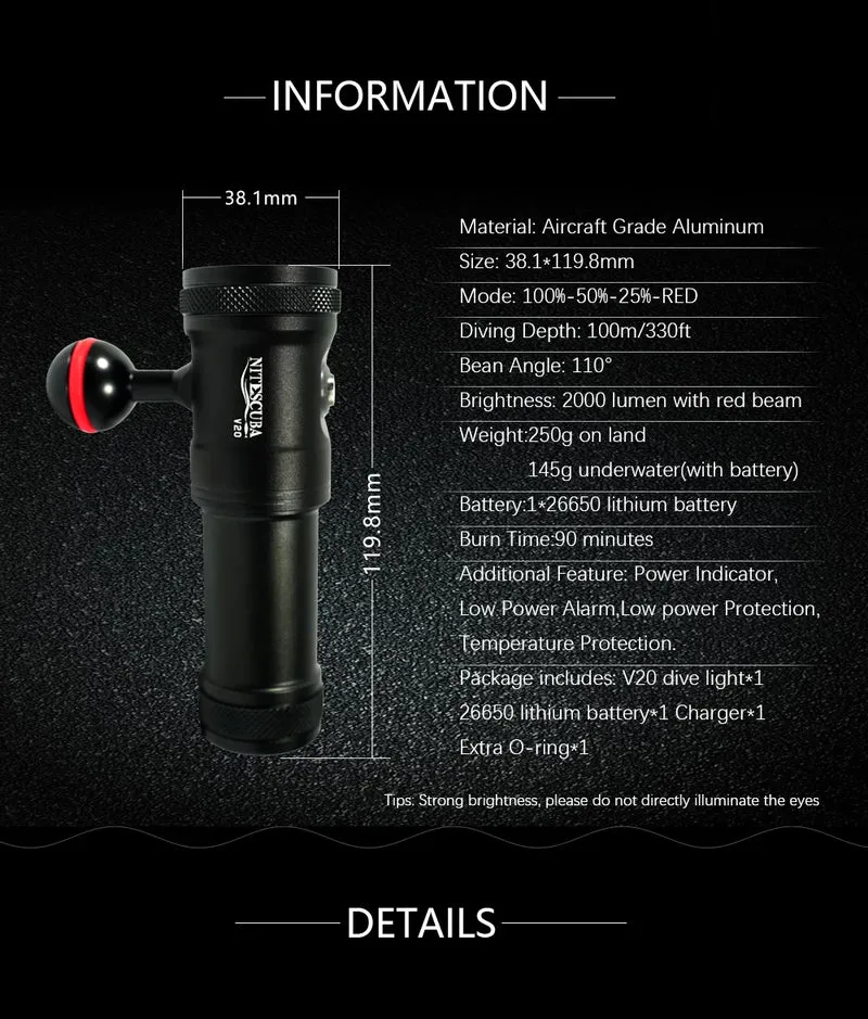 Nitescuba V20 Diving Led Video Light Glare 2000 Lumen Astigmatism Lamp Focus With Red Light Tg6 Gopro Underwater Photography