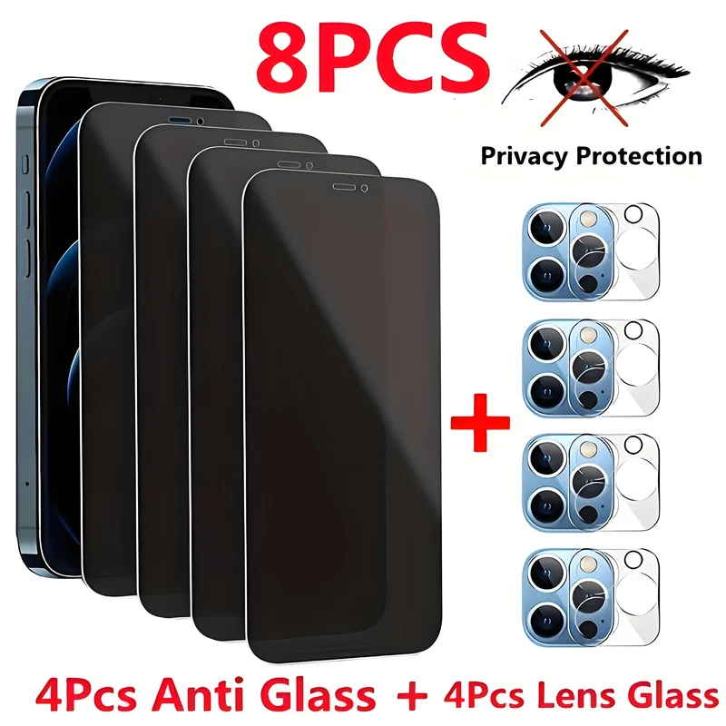 8IN1 4Pcs Anti-Spy Tempered Glass Screen Protector + 4Pcs HD Camera Lens For iPhone 11 12 13 14 15 16 Pro Max 16 Plus 16e Film
