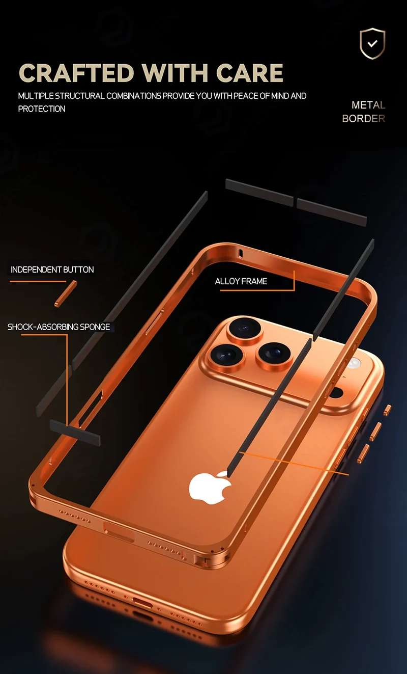 17pro Light Aluminum Metal Bumper Case Orange For iPhone 12 13 14 Plus 15 16 17 Pro Max Ultra Thin Alloy Back Frame Accessories