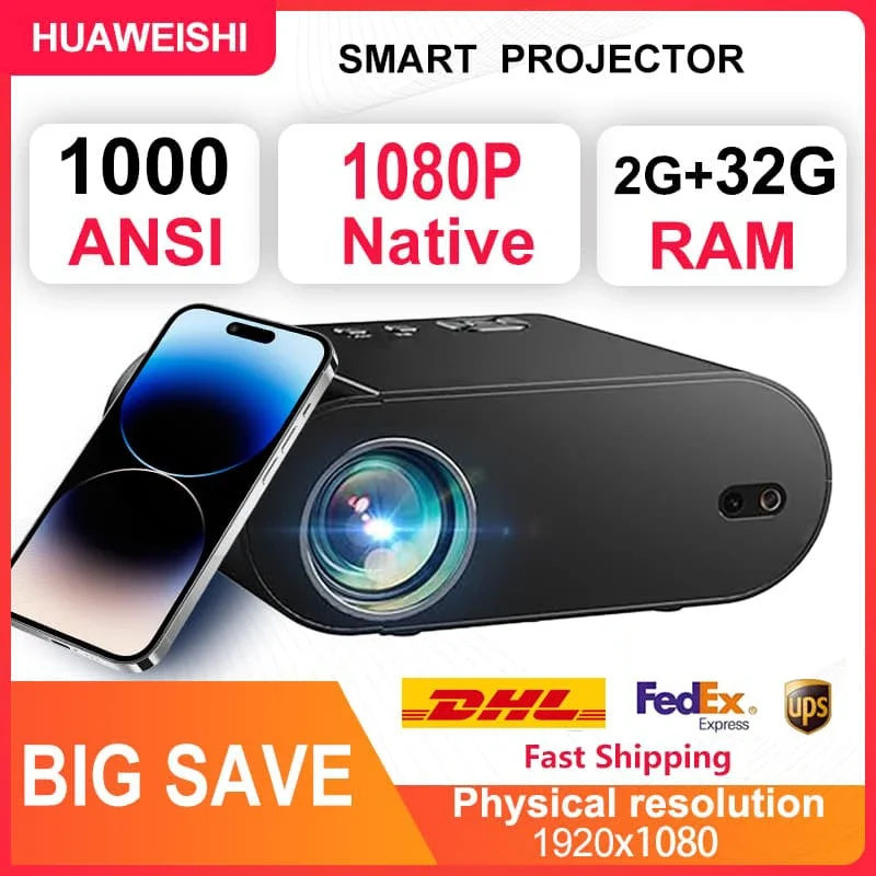 2025 Huaweishi L007 4K 1000ANSI Native 1080P Projector Auto Focus Keystone Correction BT5.2 Android 11 WIFI6 Home Cinema