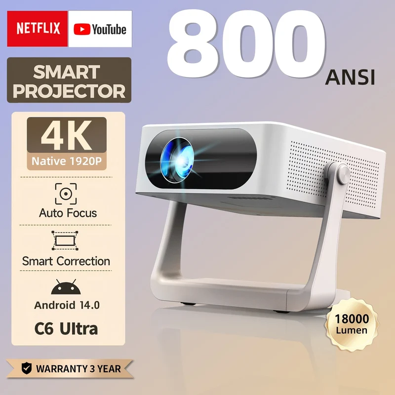 Fintex C6 Ultra Projector 4K FullHD 18000Lumen 1080P HDR10 Proyector 800 ANSI AndroidTV14.0 ASA3.0 AutoFocus Portable Projectors