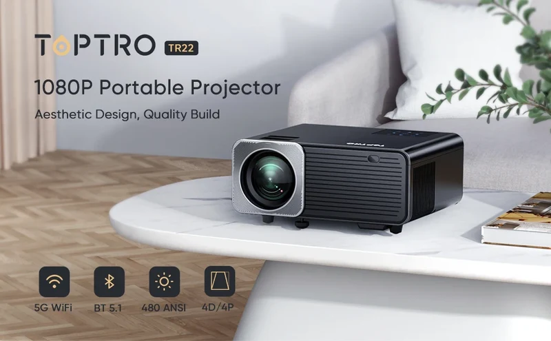 TOPTRO TR22 Projector 4K Supported Native 1080P 480 ANSI 5G WiFi Bluetooth Projector 4D/4P Keystone Correction Home Cinema