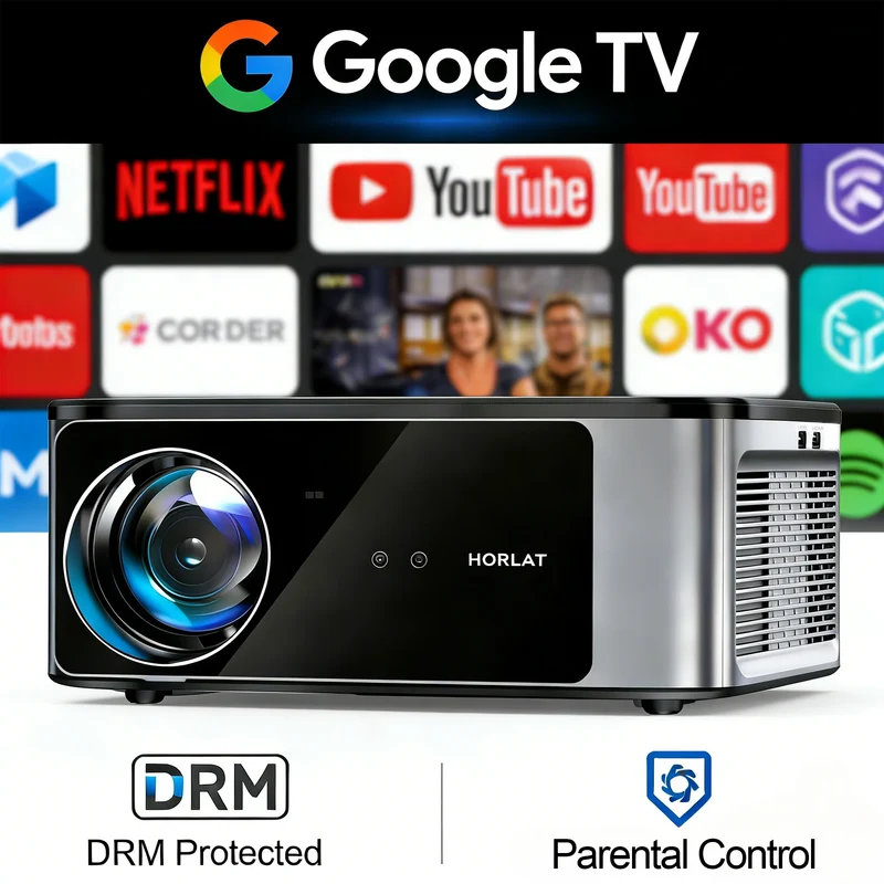 HORLAT Google TV Android 14 Projector 3000ANSI Lumens Auto Focus WiFi 6 3D Full HD 1080P 4K Support Smart Home Theater Projector