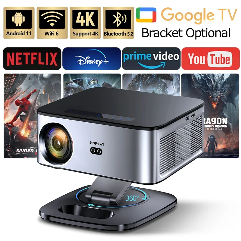 HORLAT T09MAX Google TV 4K Projector 40000Lumens WiFi6 BT5.2 Remote Auto Focus Native 1080P Full HD Home Theater Movie Projector