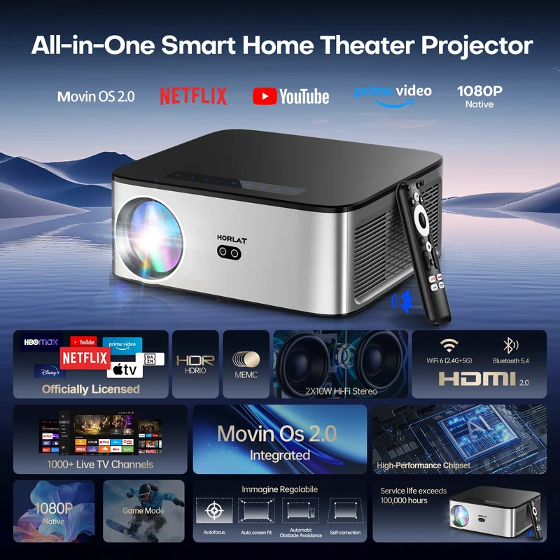 HORLAT T09MAX Google TV 4K Projector 40000Lumens WiFi6 BT5.2 Remote Auto Focus Native 1080P Full HD Home Theater Movie Projector