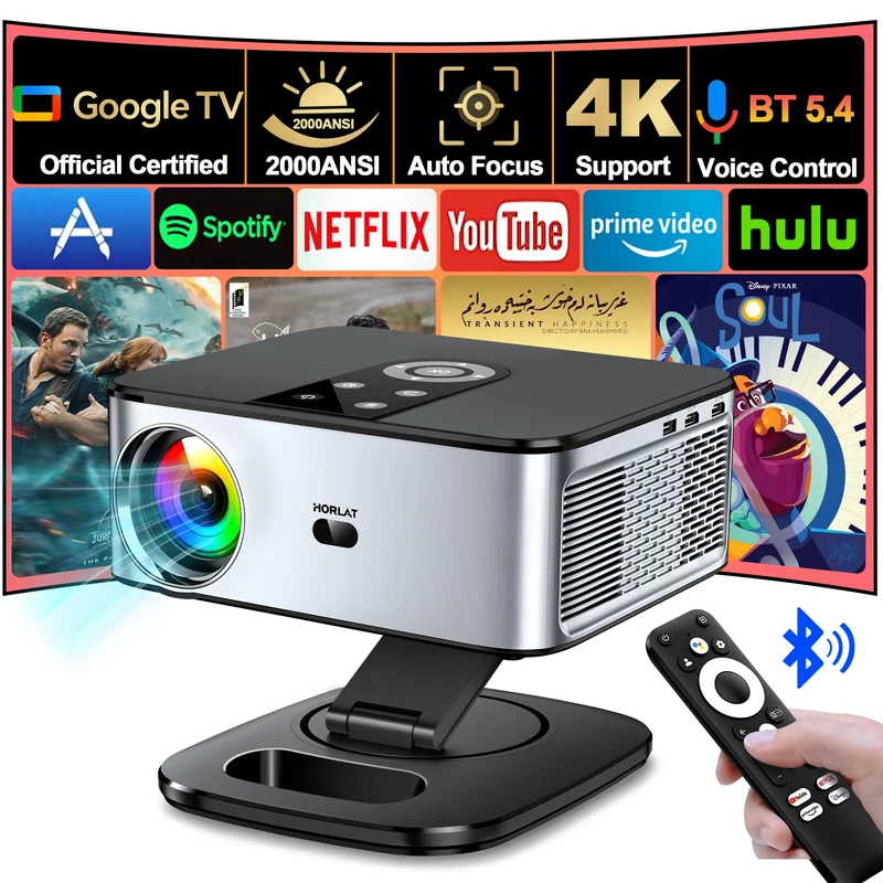 HORLAT Google TV Projector 40000 Lumens Bluetooth Voice Control Auto Focus Android 11 WiFi 6 4K UHD Home Theater Movie Projector