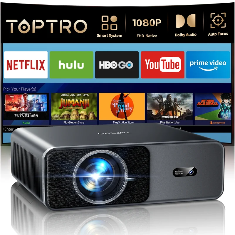 TOPTRO A1 4K Projector Official Netflix 1000ANSI Native 1080P Auto Focus & Keystone 38000 lumens BT5.2 WIFI6 Smart Home Theater