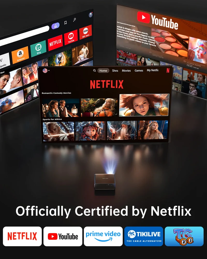 TOPTRO A1 4K Projector Official Netflix 1000ANSI Native 1080P Auto Focus & Keystone 38000 lumens BT5.2 WIFI6 Smart Home Theater