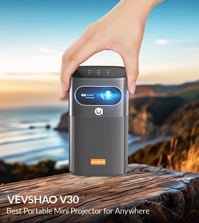 VEVSHAO V30 1080P Portable LED DLP Projector with Built-in Battery Smart Wifi Android System 3D Ready for Home and Outdoor Use