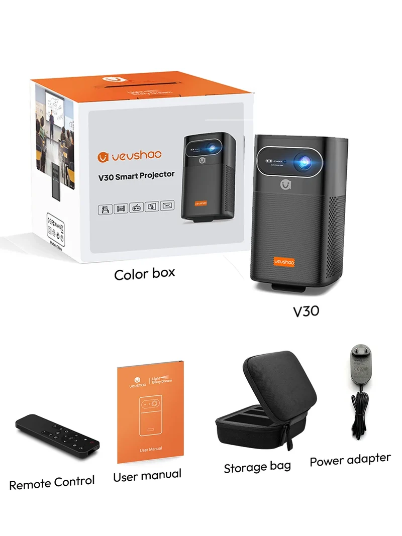 VEVSHAO V30 1080P Portable LED DLP Projector with Built-in Battery Smart Wifi Android System 3D Ready for Home and Outdoor Use