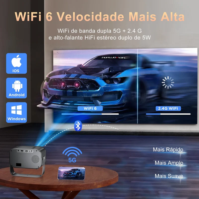 Mini 4K Projector Wall Projector, Portable Outdoor Movie Projector with Built-in Wi-Fi, Speaker & Digital Keystone, HDMI/BT,
