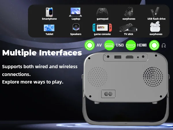Mini 4K Projector Wall Projector, Portable Outdoor Movie Projector with Built-in Wi-Fi, Speaker & Digital Keystone, HDMI/BT,