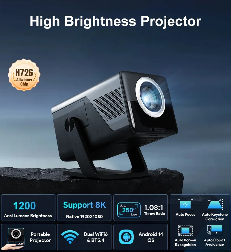 HUAWEISHI Full HD 1080P Projector 4K 1200 ANSI Android WiFi 6 Auto Focus Home Theater Projectors for Movie Meeting Video
