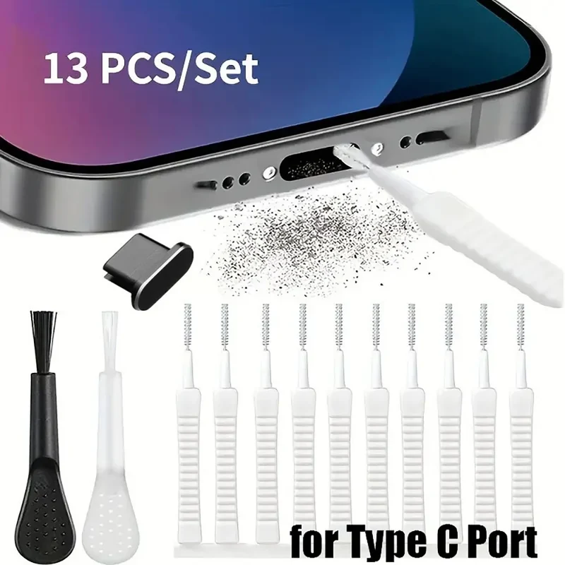 14/13PCS Charging Port Cleaning Brush Set USB-C Lightning Cleaner Kit with Dust Plug for iPhone Samsung Xiaomi Speaker Hole Tool