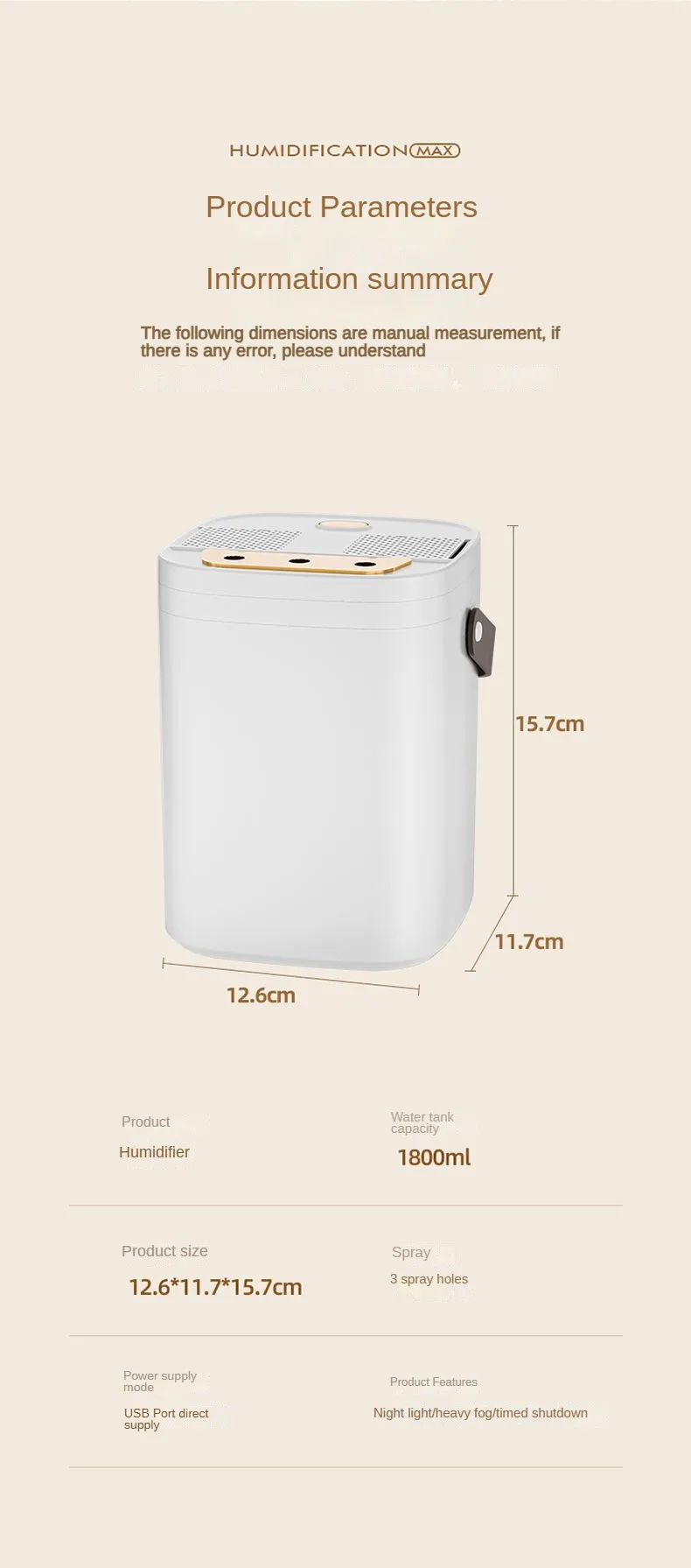 USB three nozzle humidifier 1.8L large capacity household air humidifier aromatherapy diffuser LED night light spray