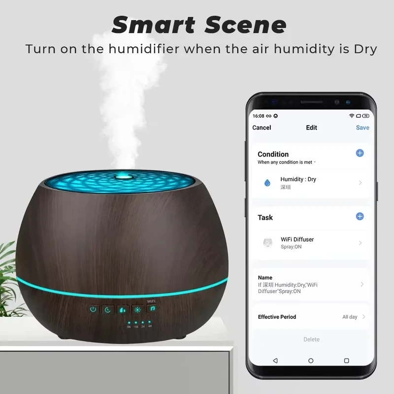 500ml Essential Oil Aroma Diffuser Smart WiFi Air Humidifier Support Tuya Alexa Google Home 7 Colorful LED Light App Control