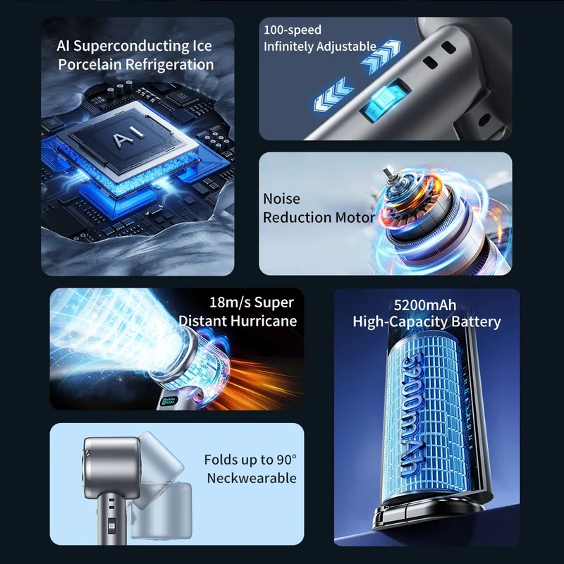 5200mAh Large Capacity Handheld Fan High Speed Refrigeration Handheld Fan 100 Speed USB Charging Portable Fan